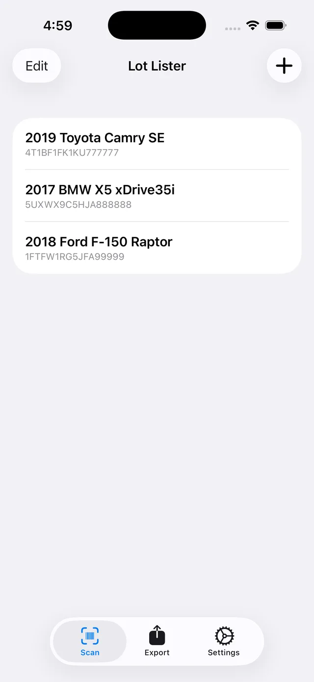 Lot Lister App Screen