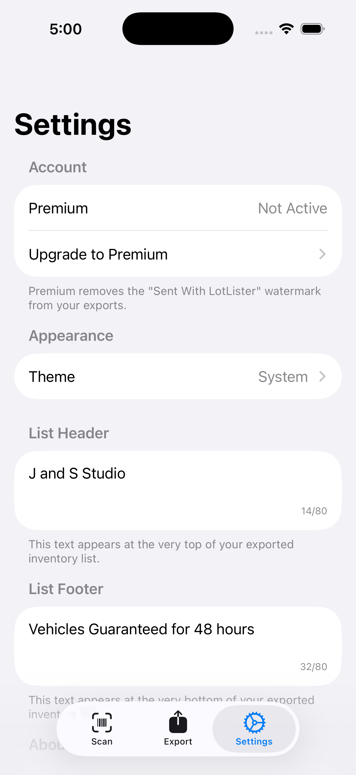 Customizer Settings Screen
