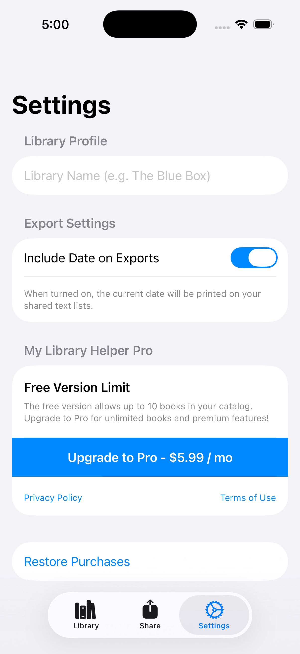 My Library Helper Settings Screen