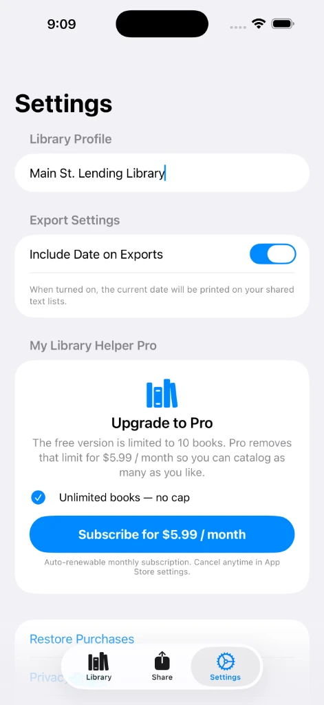 My Library Helper Settings Screen
