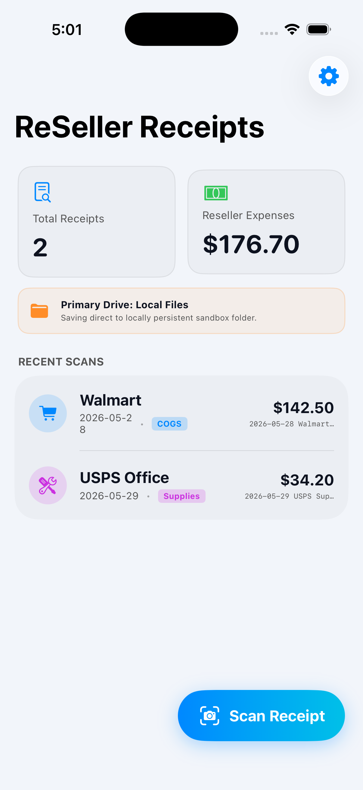 ReSeller Receipts Dashboard Screen