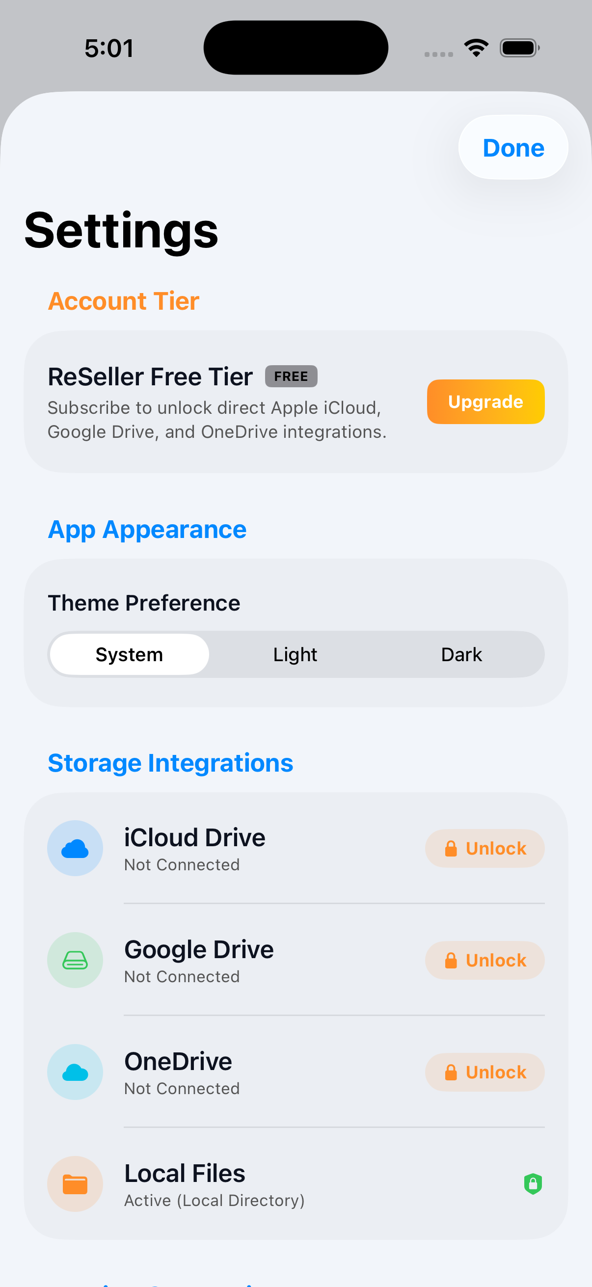 ReSeller Receipts Settings Screen